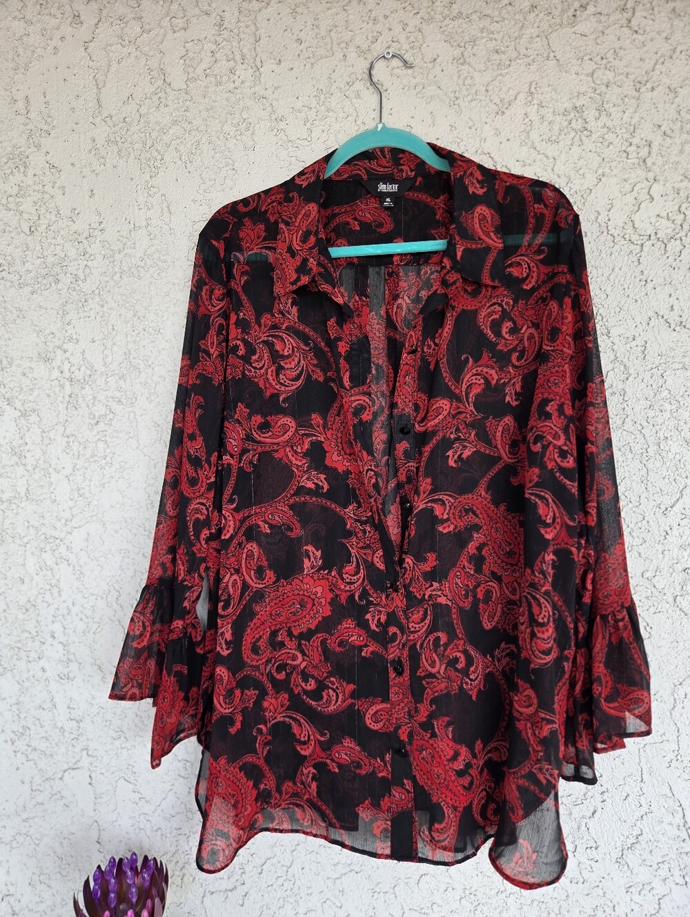 Slim Factor Red Paisley Sheer Button-Front Blouse